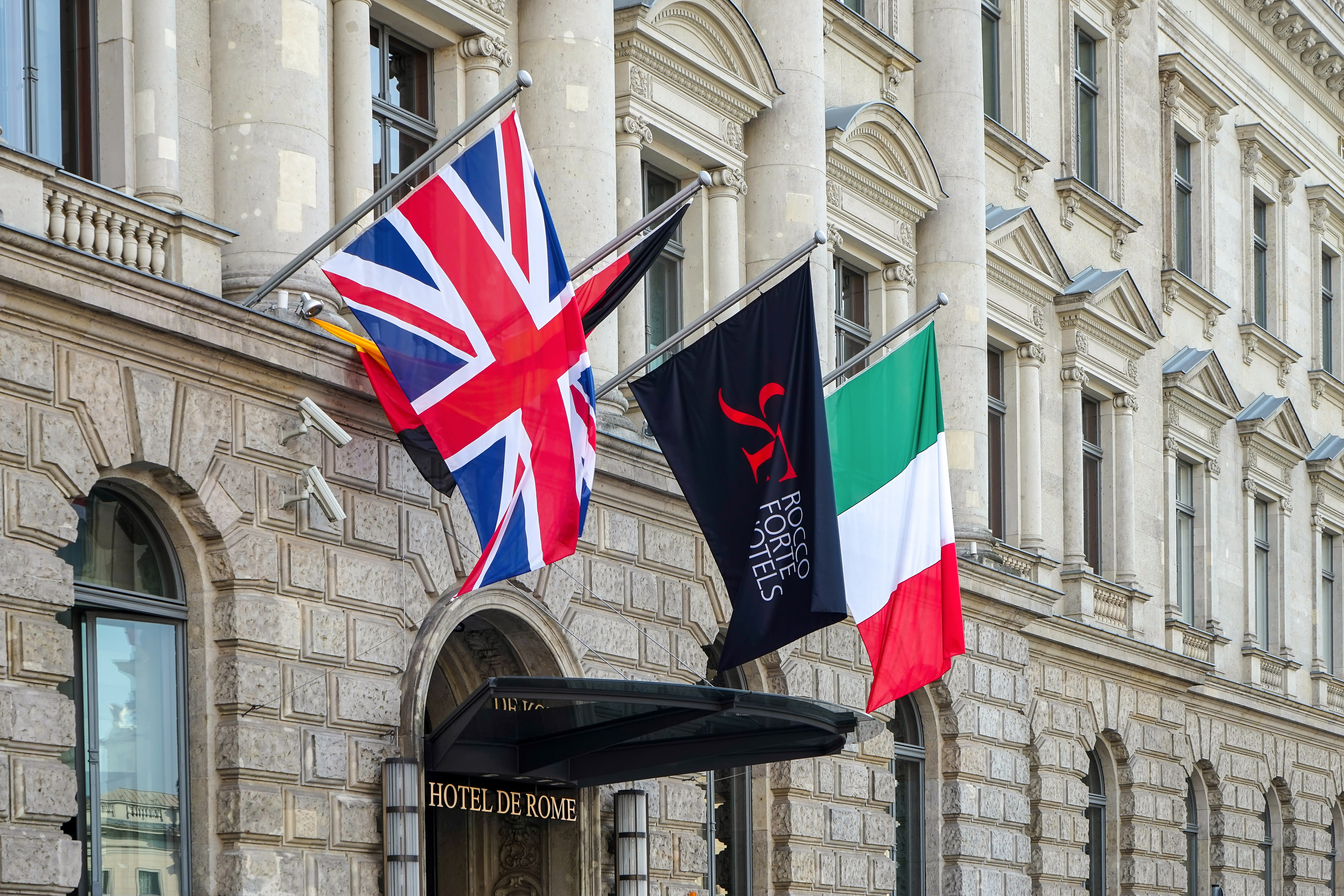 German hotel exterior with International flags