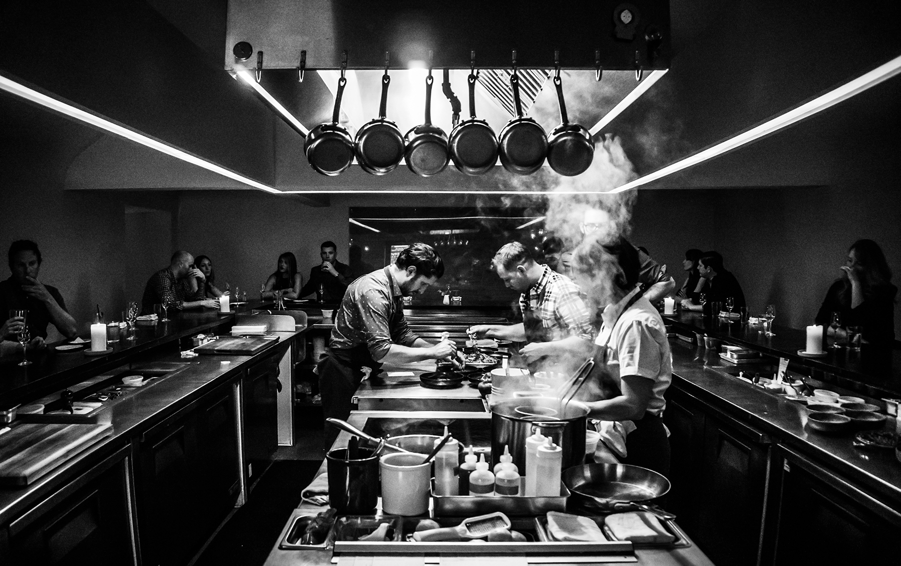 A view of the open kitchen at The Catbird Seat restaurant in Nashville, TN