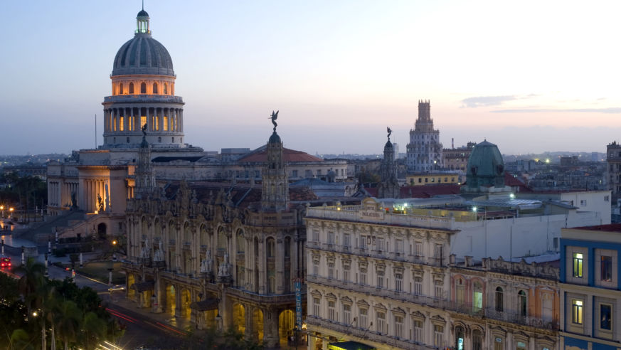 Buildings at night in Havana, Cuba