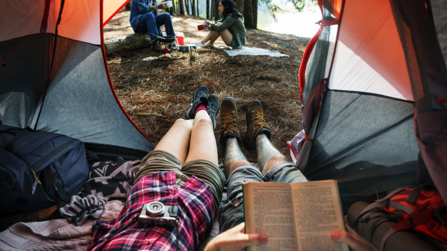 feel out of tent with two people in background