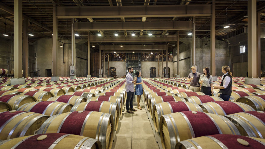 wine barrels lining warehouse floor