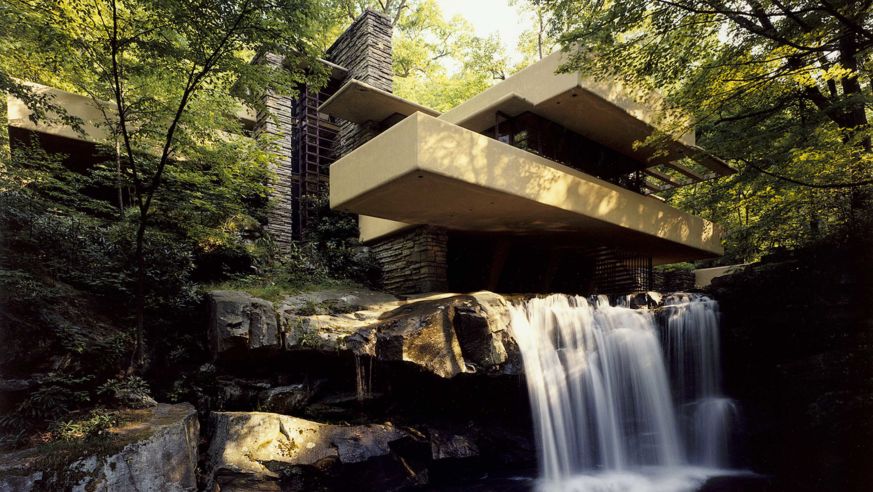Exterior of house with waterfall