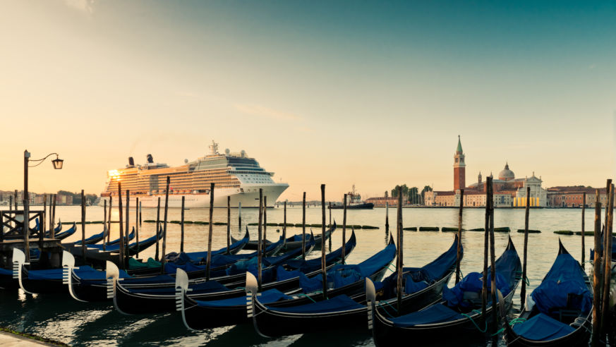 Sunset Gondolas and Cruise ship Venice, Italy