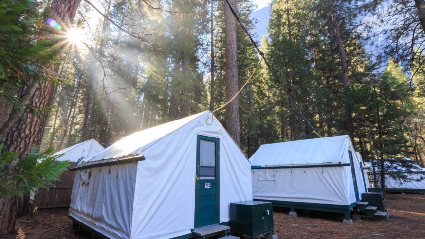 View of glamping tents in Half Dome Village, Yosemite