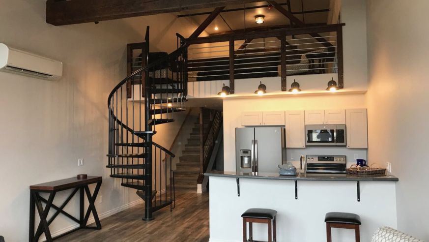 kitchen area with upstairs loft
