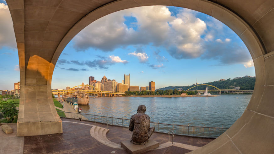 Panorama Of The Mr Rogers Statue On The North Shore Of Pittsburgh