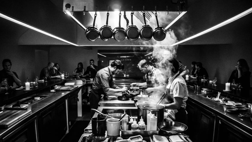 A view of the open kitchen at The Catbird Seat restaurant in Nashville, TN