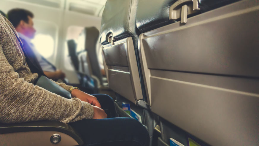 A view of passengers' legroom on an airplane.