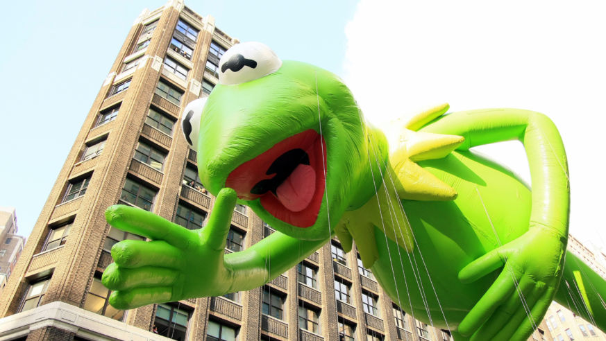 Kermit the Frog balloon at the Macy's Thanksgiving Parade in New York City