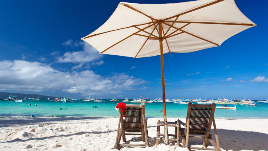 Beach chair with Santa Claus hat
