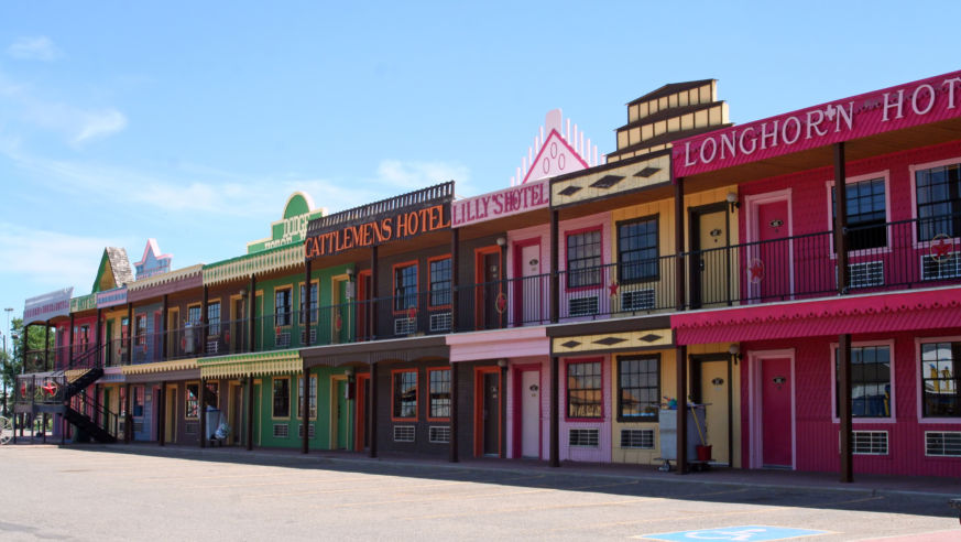 Street view of the Big Texan Motel, which looks like an old west street.