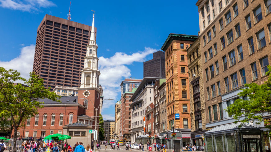A view of Boston's Freedom Trail with historic buildings and church