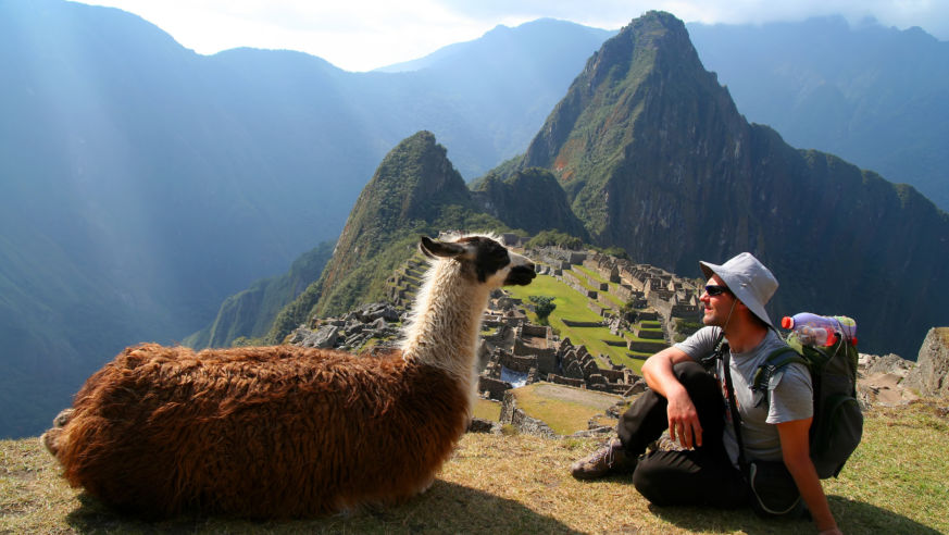 Tourist and llama sitting in front of Machu Picchu
