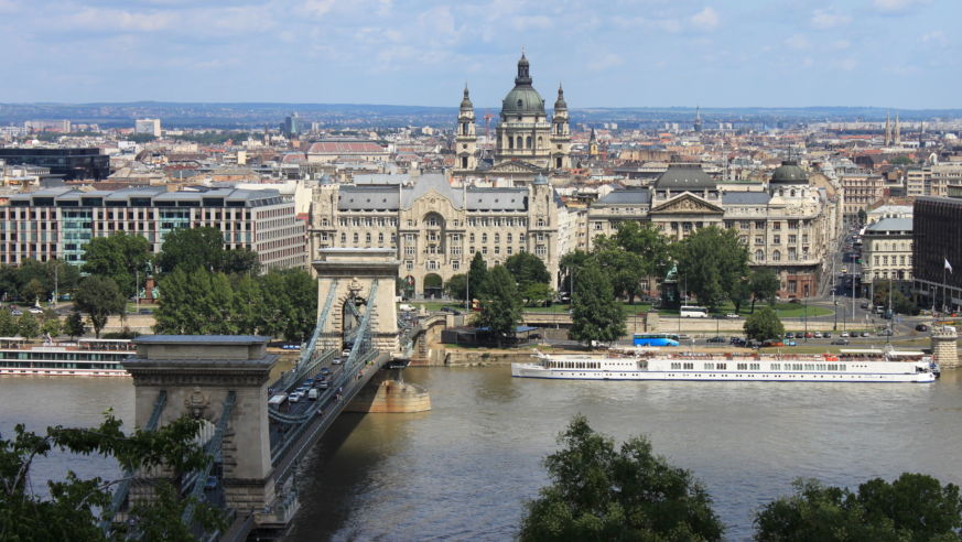 View of the river, chain bridge, and skyline of Budapest, Hungary.
