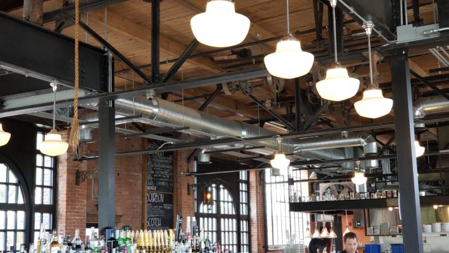Tables and interior of Cork & Gabel Restaurant, Detroit