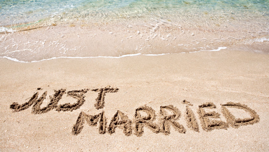 Just Married sign in sand