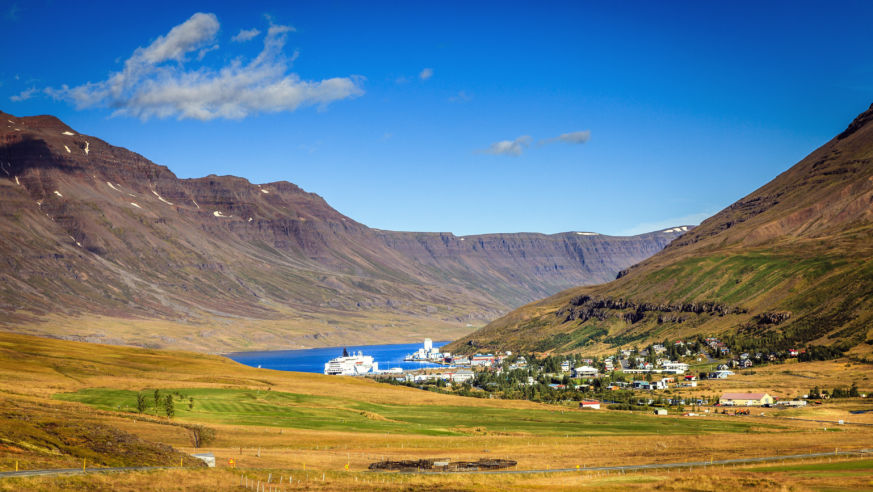 Scenic overlook of town of Seydisfjordur in Eastern Iceland and the fjord