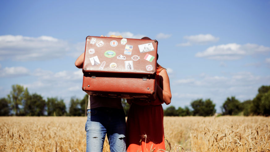 Couple holding suitcase in field on a sunny day