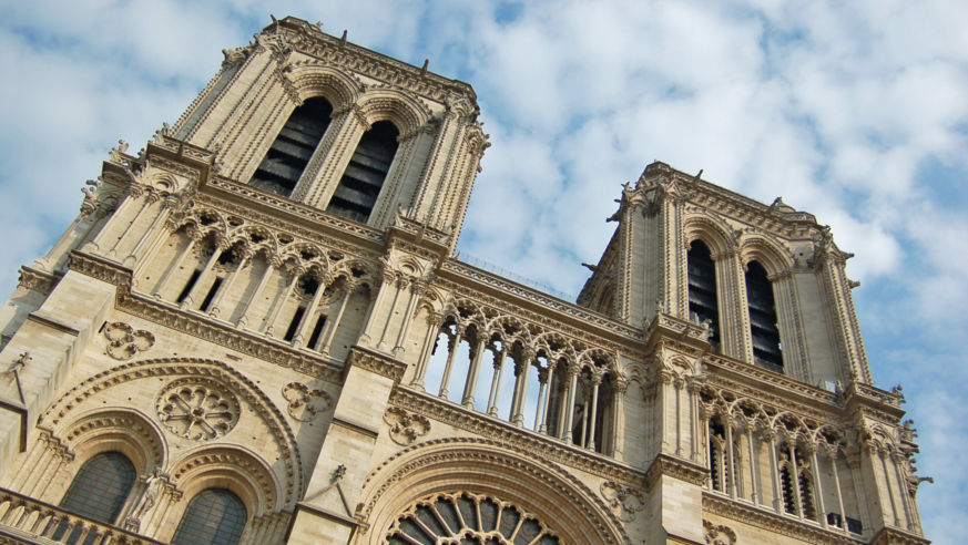 A view of the main structure and two front towers of Notre-Dame de Paris.