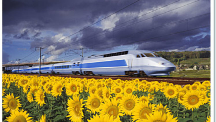 High speed train traveling through the French countryside