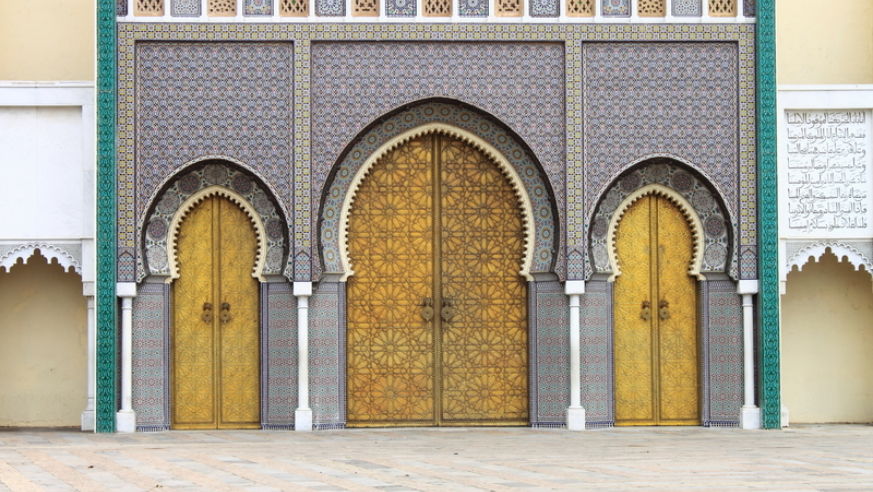 A view of the colorful doors of the Royal Palace in Fes, Morocco