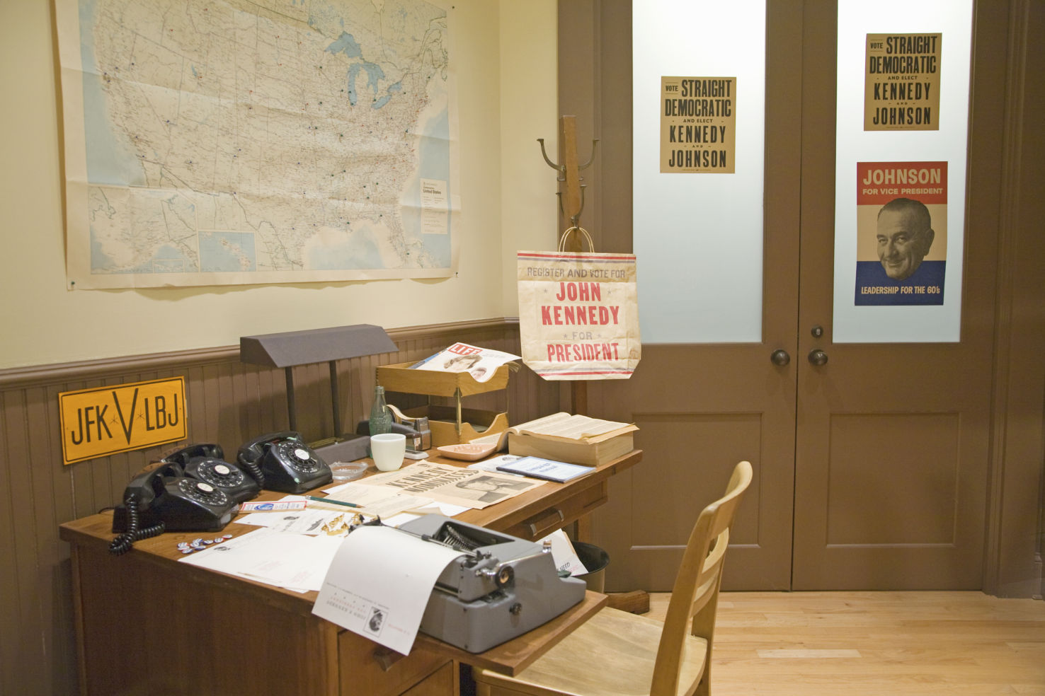 Campaign office interior setting in John F. Kennedy Presidential Library and Museum, Boston, MA.