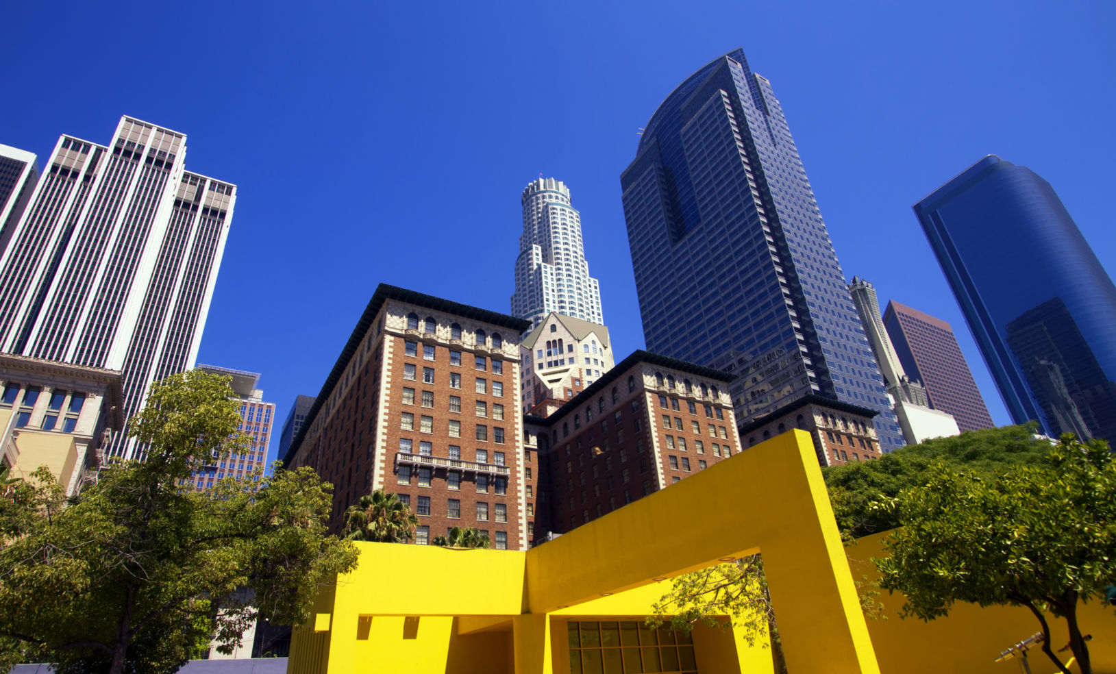 Cityscape, historic, landmark buildings in downtown Los Angeles, California, LA, CA