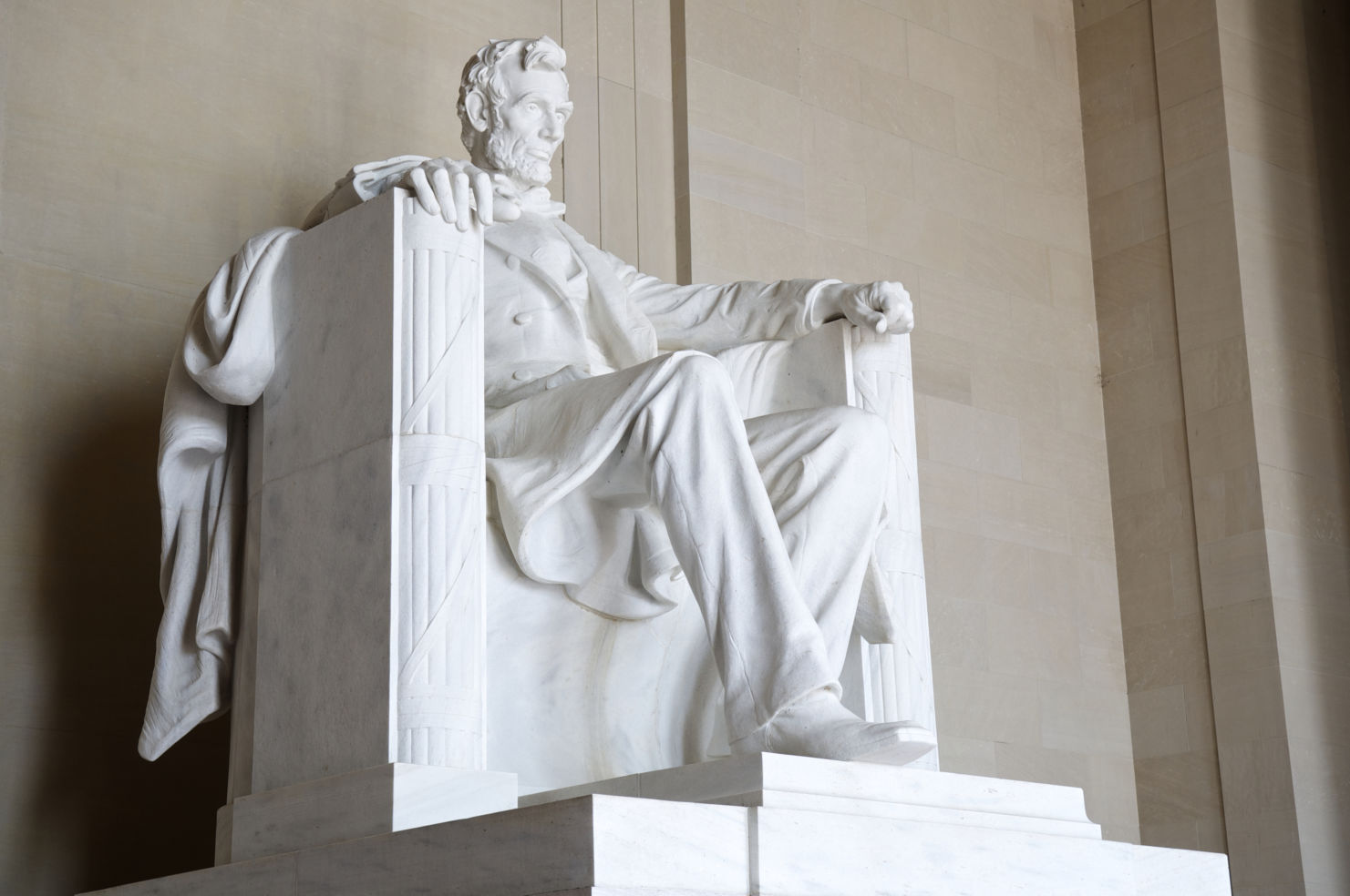 Statue of President Abraham Lincoln, white marble, Lincoln Memorial, Washington DC