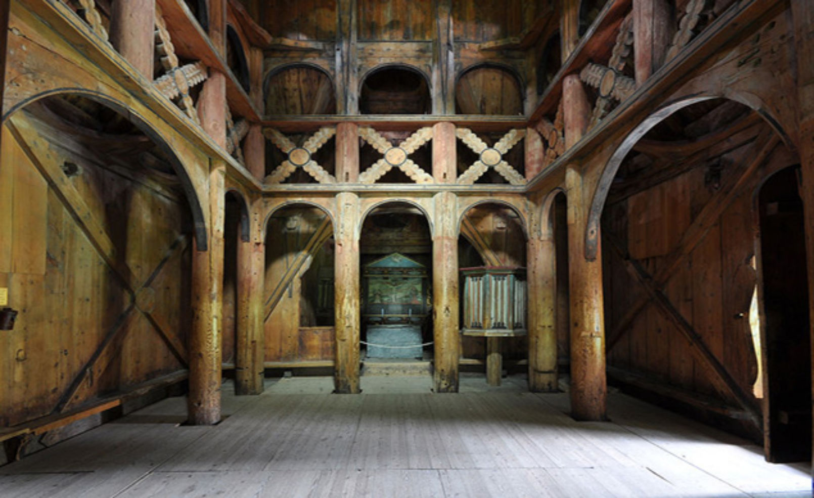 The interior of the stave church Borgund.