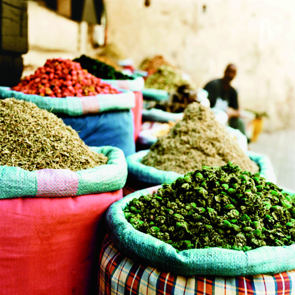 A spice vendor's display on the street near Riad Olema & Spa.