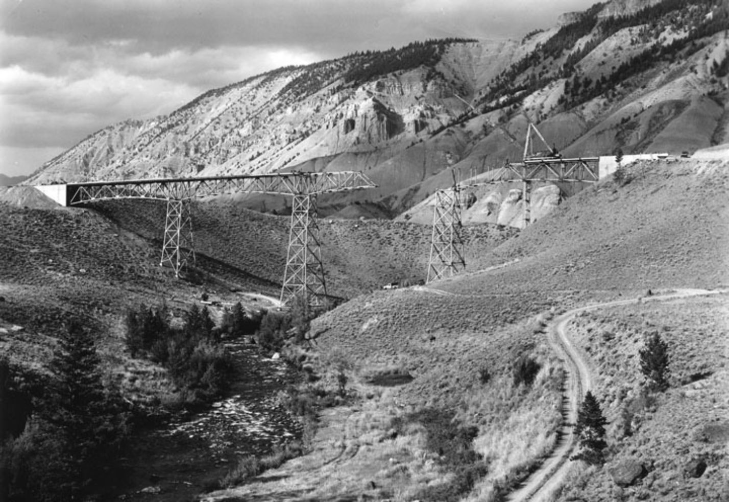 new highway bridge under construction, Gardiner River, Lower Falls Road, Yellowstone National Park, Wyoming