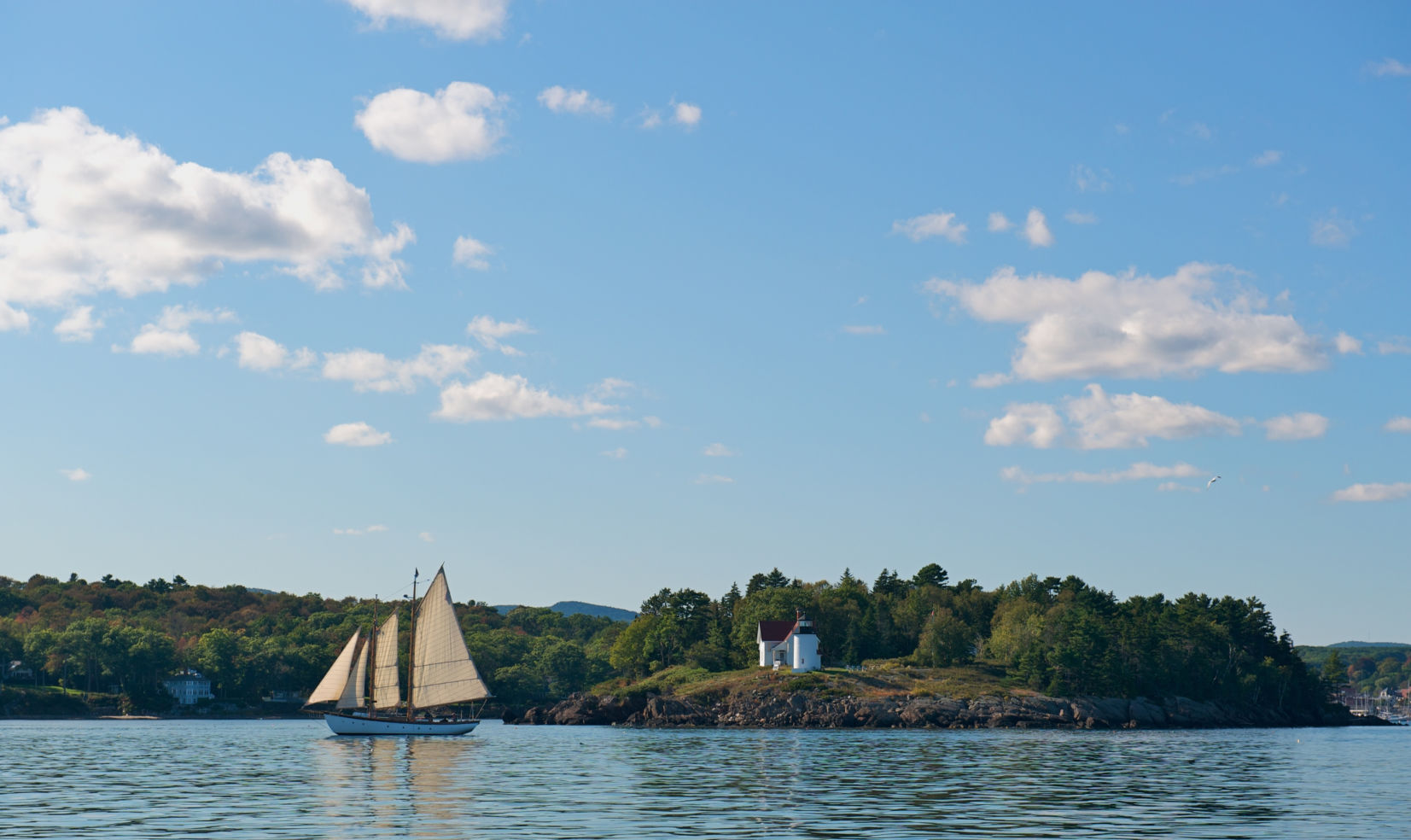 Sailing ship Curtis Island lighthouse Camden