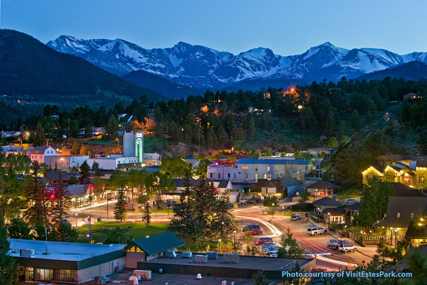 Downtown Estes Park at dusk