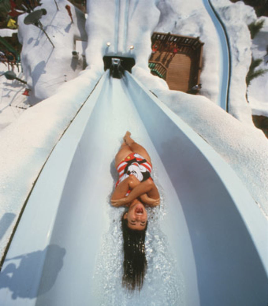 Swimmers head almost straight down Summit Plummet at 55 mph at Disney’s Blizzard Beach water park.
