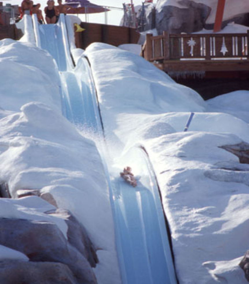 Swimmers head almost straight down Summit Plummet at 55 mph at Disney’s Blizzard Beach water park.