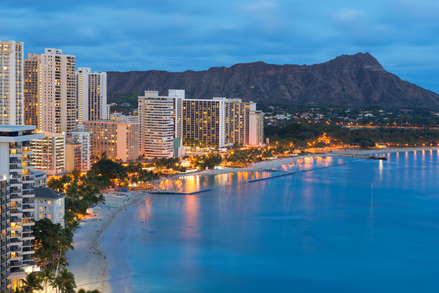Honolulu city, Diamond Head and Waikiki Beach at night, Hawaii