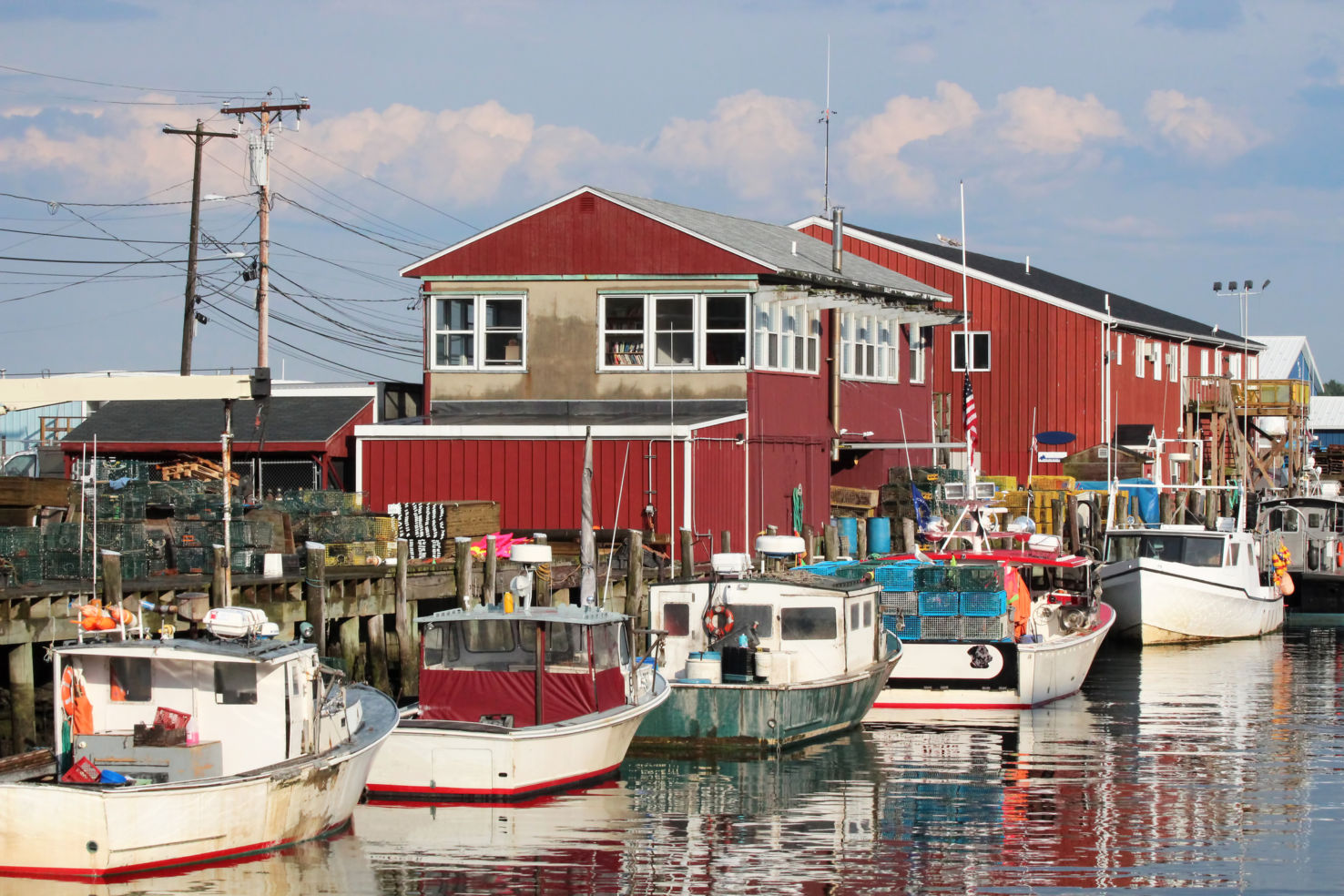 Boats anchored in the harbor in Portland, Maine.