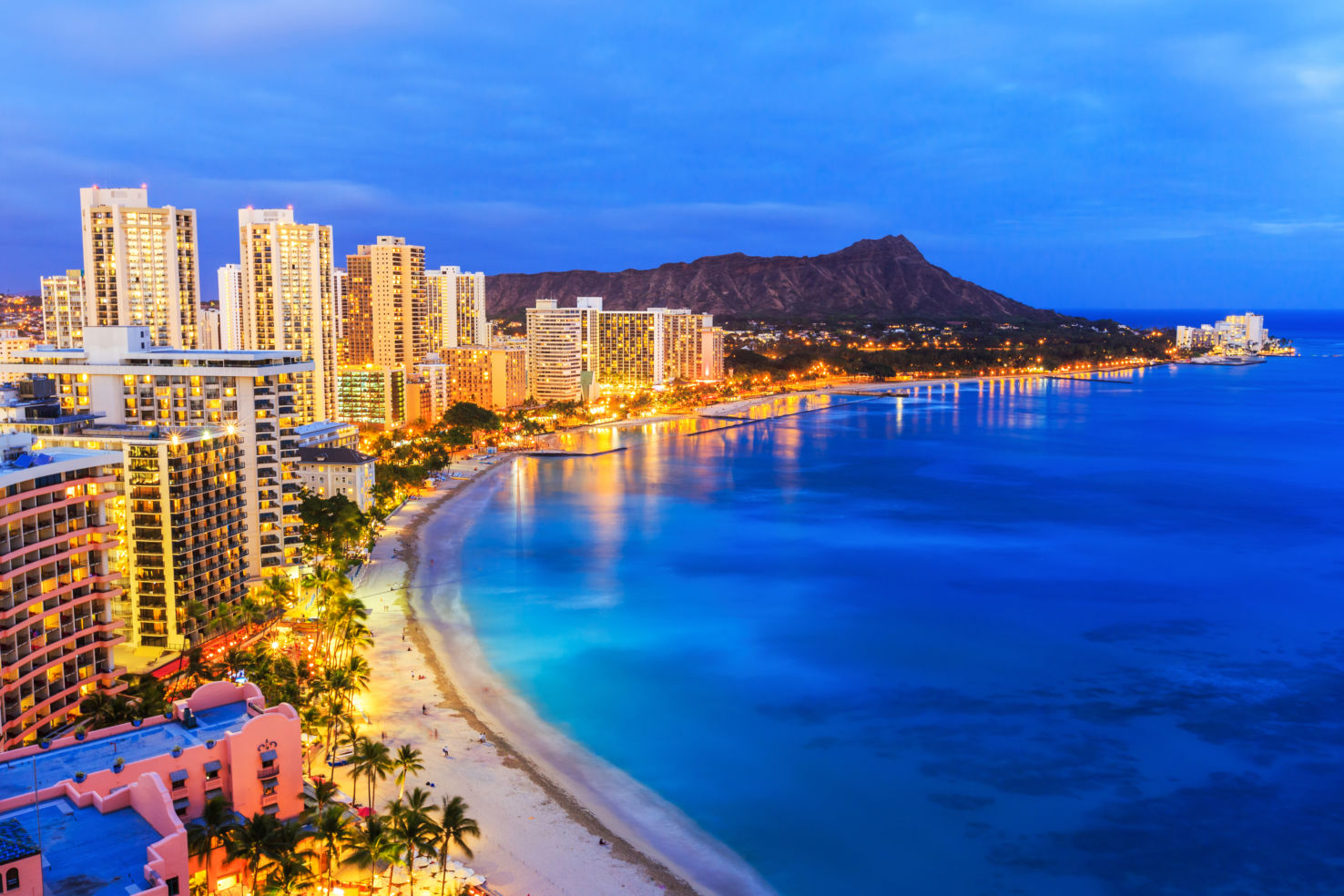 Honolulu city, Diamond Head and Waikiki Beach at night, Hawaii
