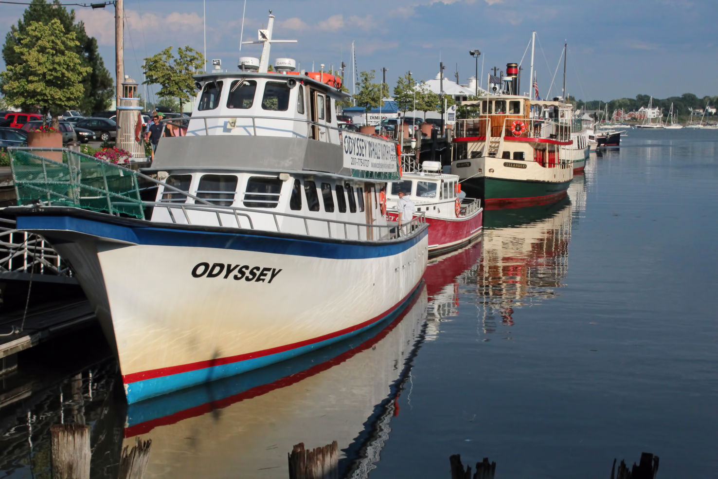 Boats anchored in the harbor in Portland, Maine.