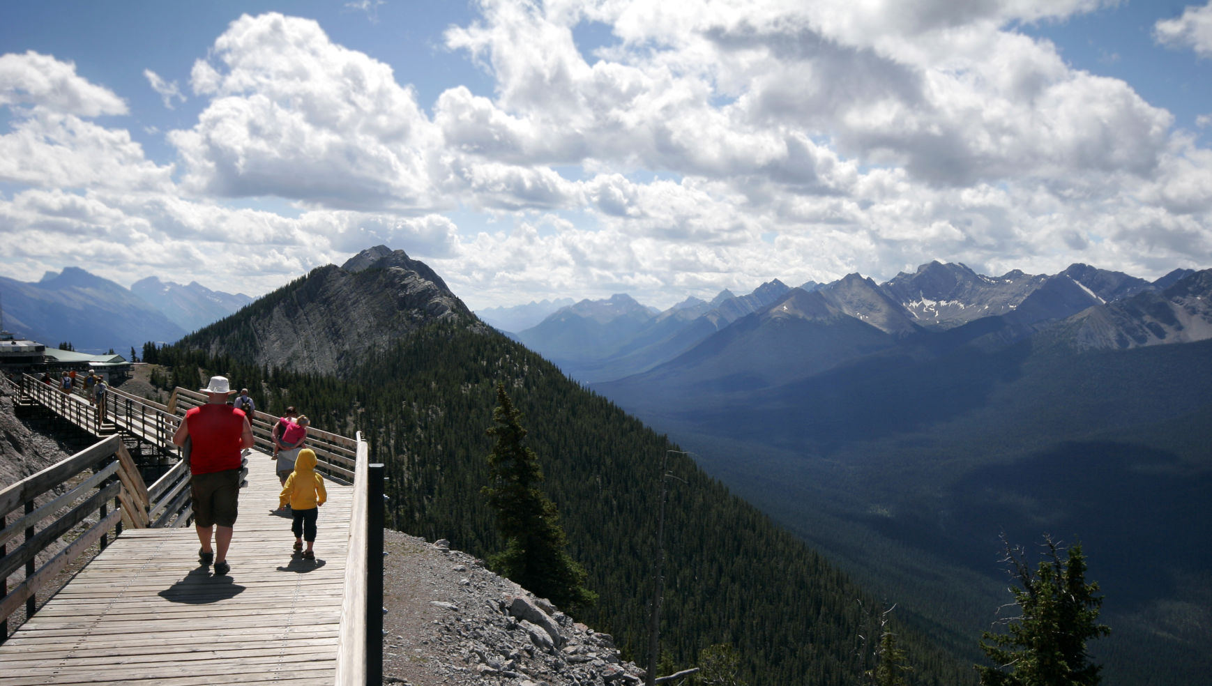 People along the boardwalk at the top of Sulfer Mountain in Banff National Park, Alberta, Canada.