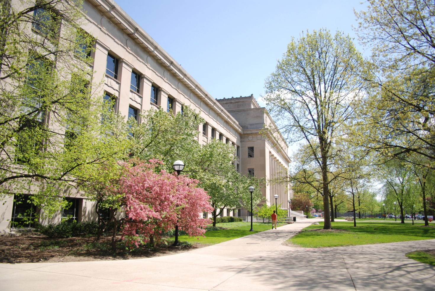 Scenic view of modern building and park in Ann Arbor city, Michigan, U.S.A.