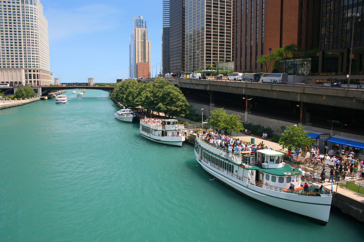 Tour Boats lined up in the Chicago River on a summer day