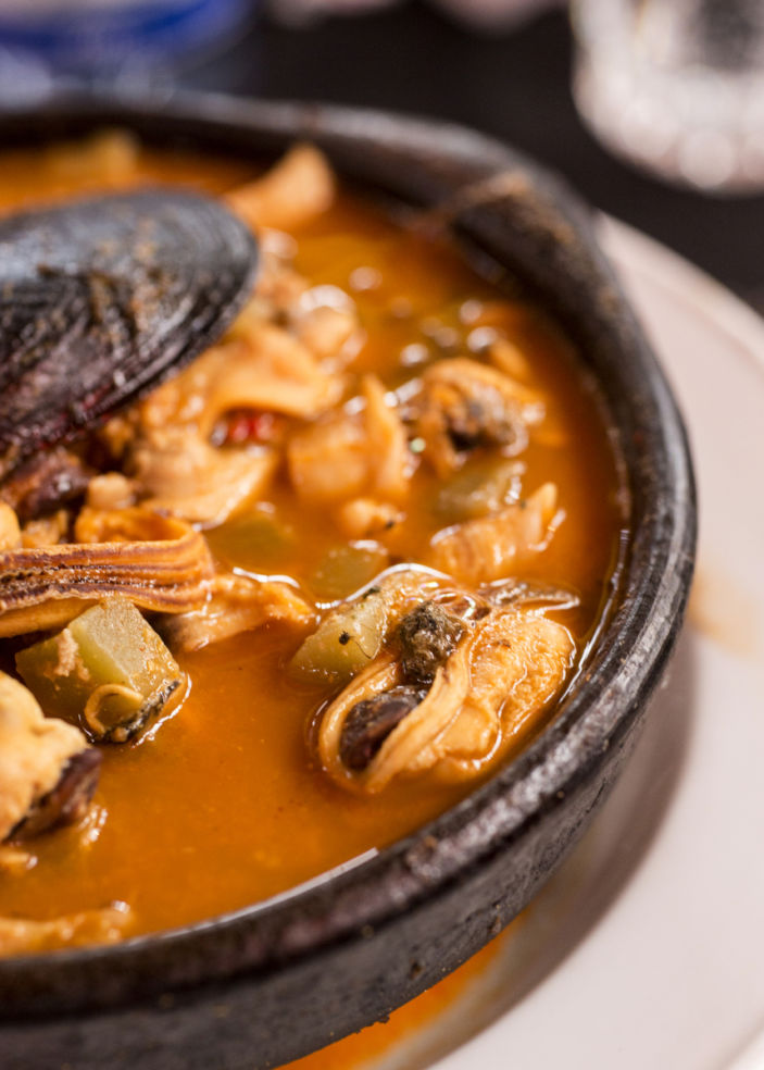 Paila marina (traditional Chilean seafood stew) at Donde Augusto in Mercado Central, Santiago at Donde Augusto