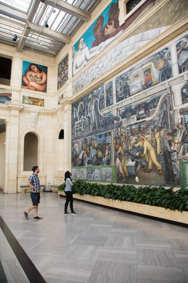 Diego Rivera’s four-wall fresco Detroit Industry is one of the Detroit Institute of Arts’ ma- jor draws. A 2007 renovation and expansion brought the museum’s number of galleries to more than 100.