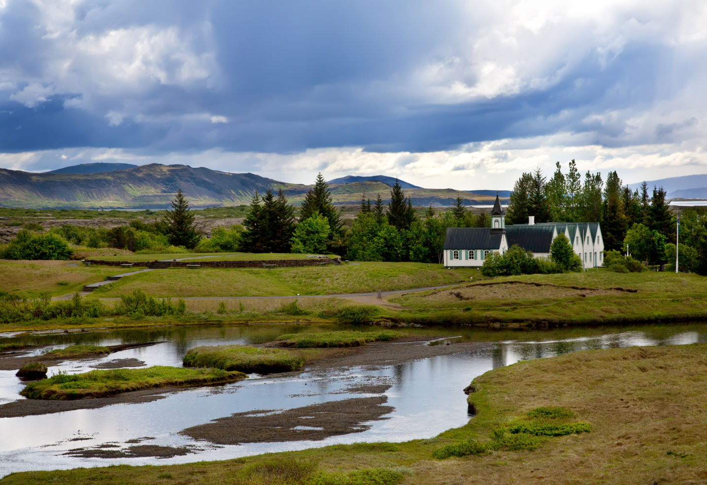 Thingvellir National Park, wooden church and river, Iceland