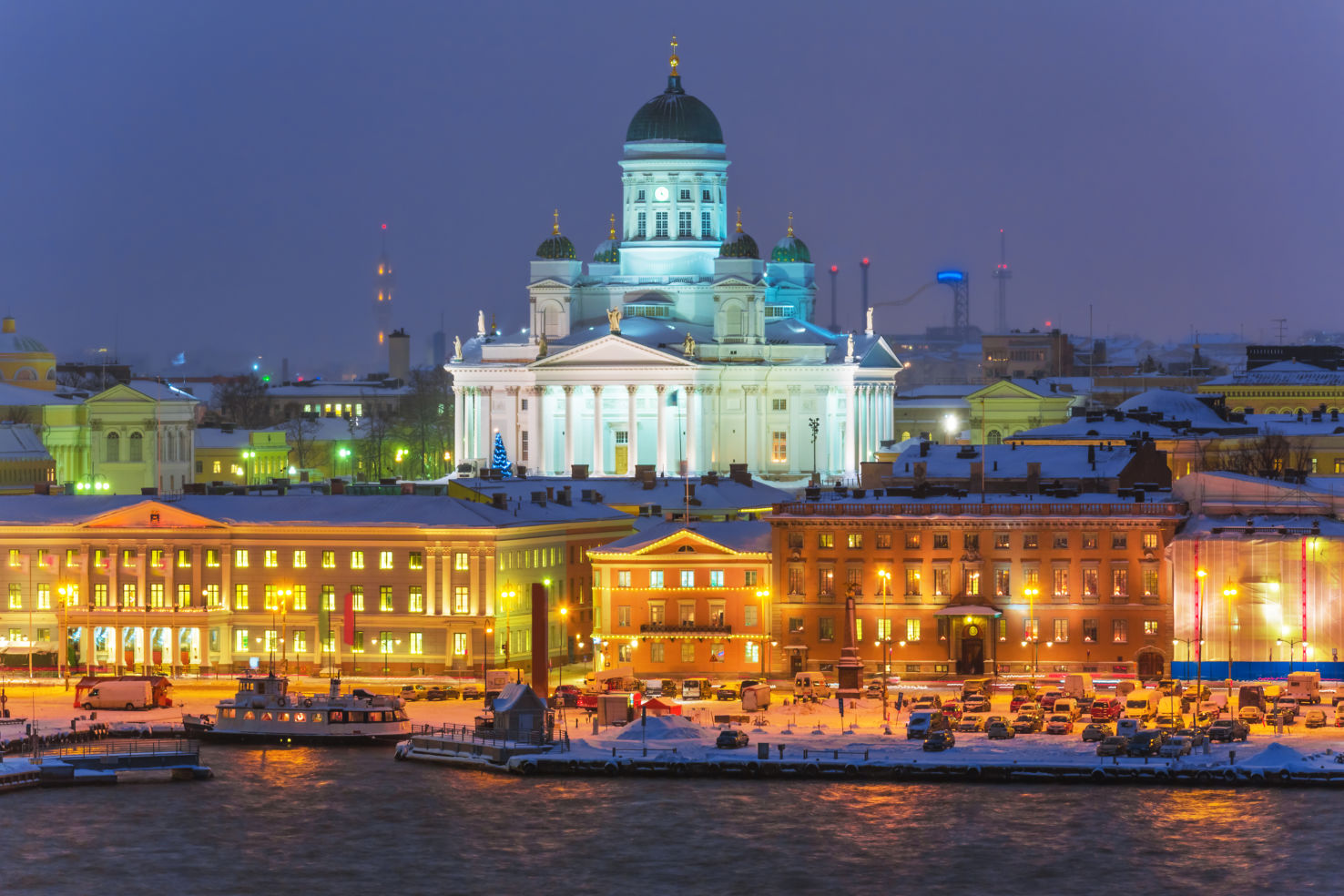 Winter night scenery of the Old Town in Helsinki, Finland