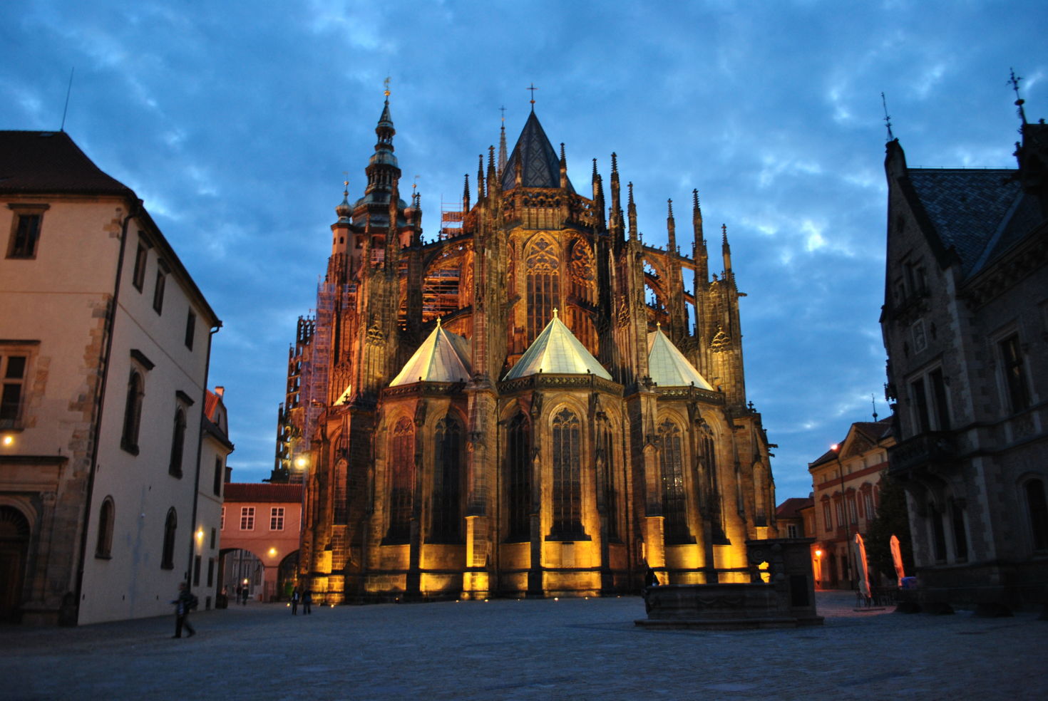 Prague Castle all lit up at night.