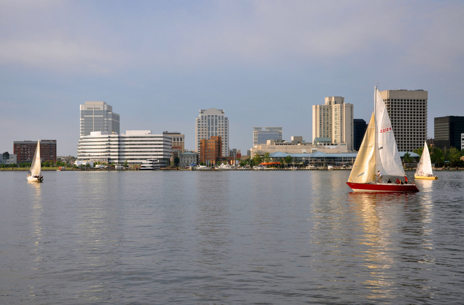 Norfolk city skyline and Elizabeth River at sunset, Virginia