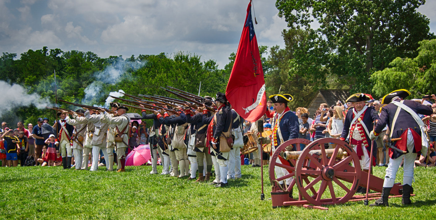 Colonial Army troops firing muskets at Mt Vernon, Virginia