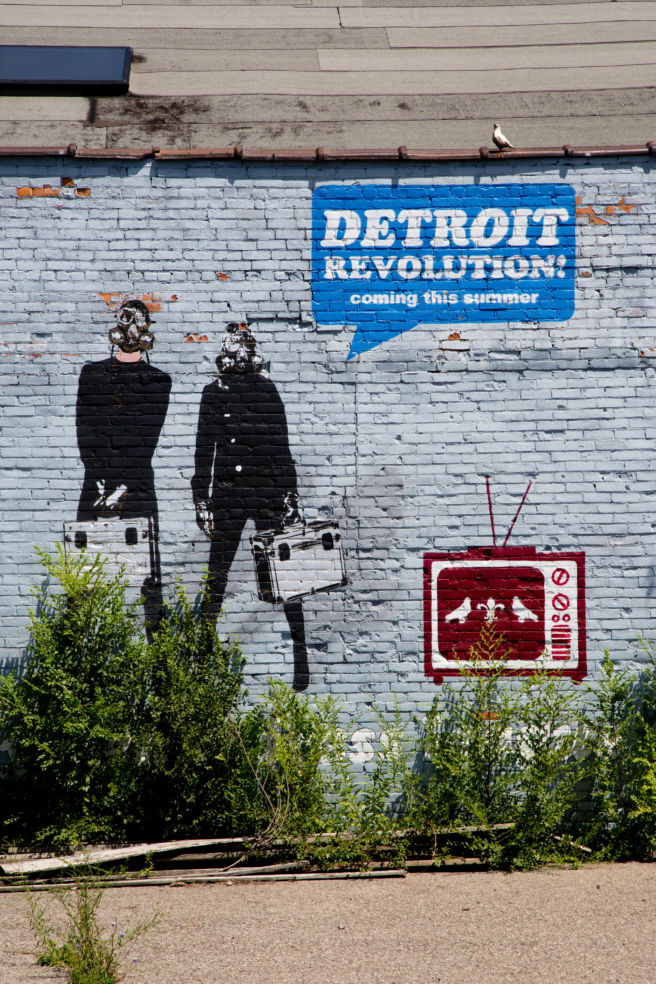 The revolution will be televised, at least according to this street art spotted in a back parking lot in Midtown Detroit.